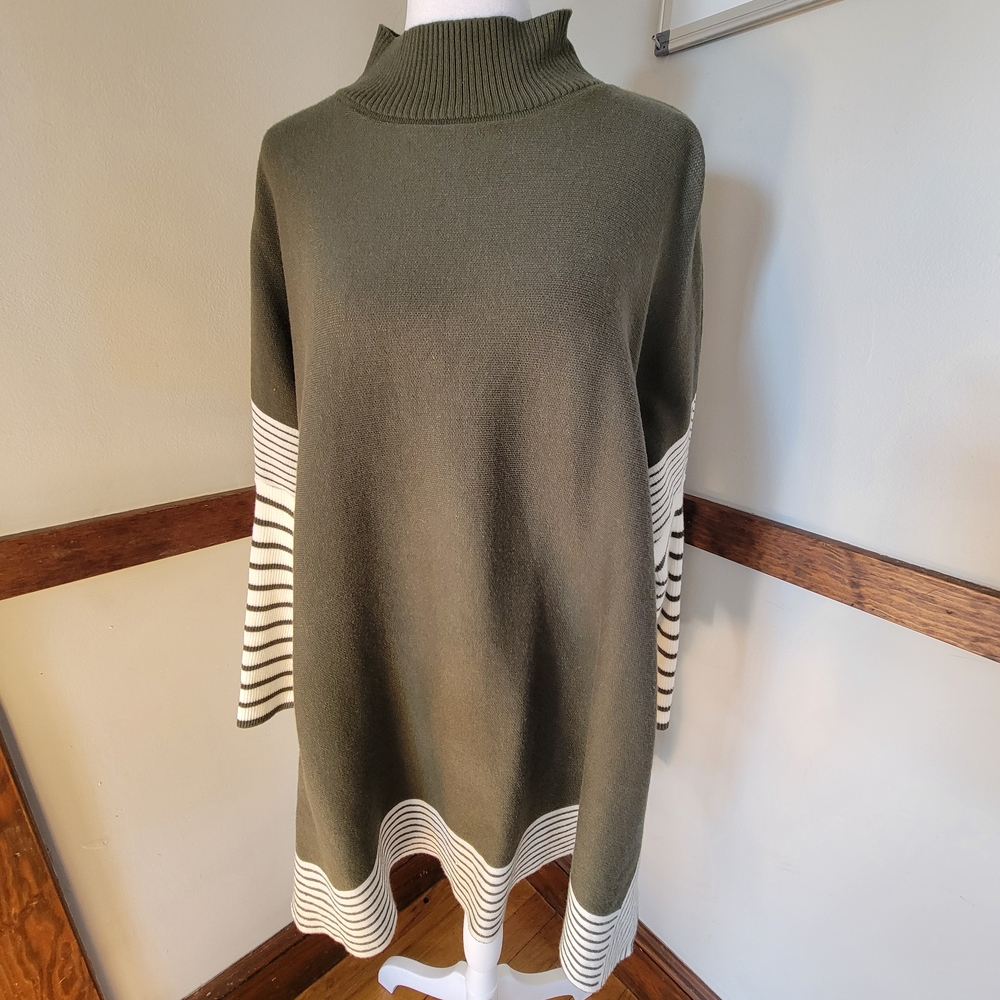 Chicwish Olive Green Mock Neck Tunic with Cream Striped Trim